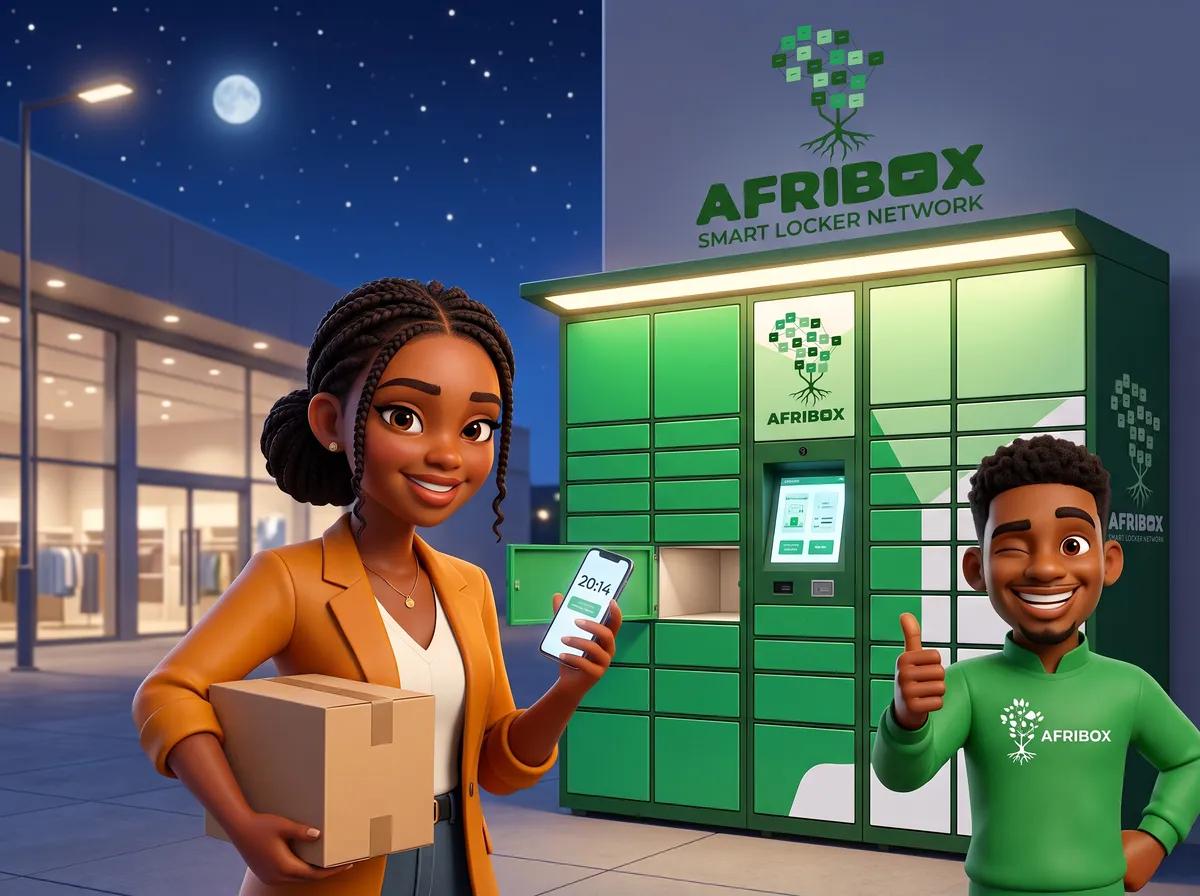 Aya smiling, holding her parcel in front of an Afribox locker