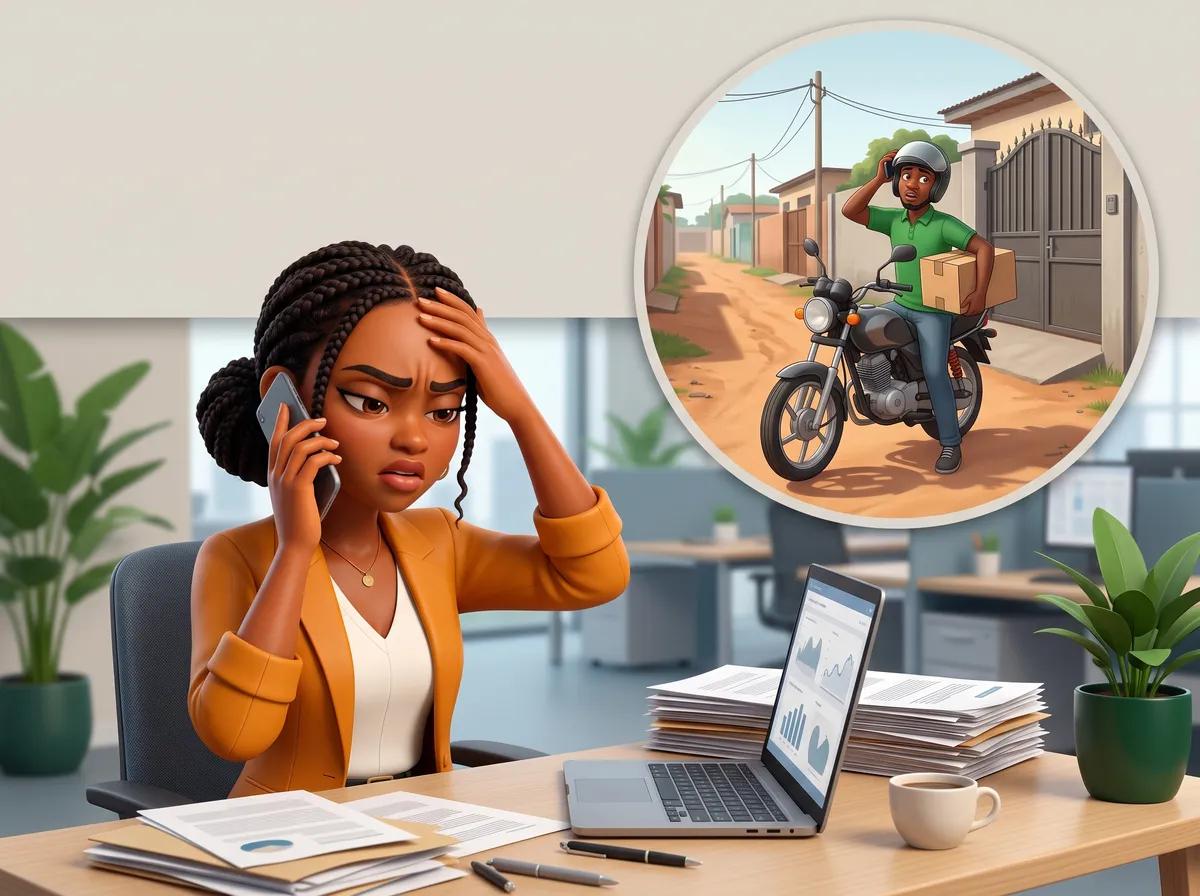 Aya at the office, on the phone with a lost courier looking for her address