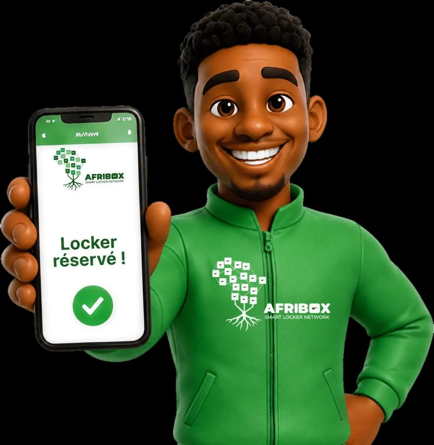 Locky, the Afribox mascot, holding up a confirmed locker booking